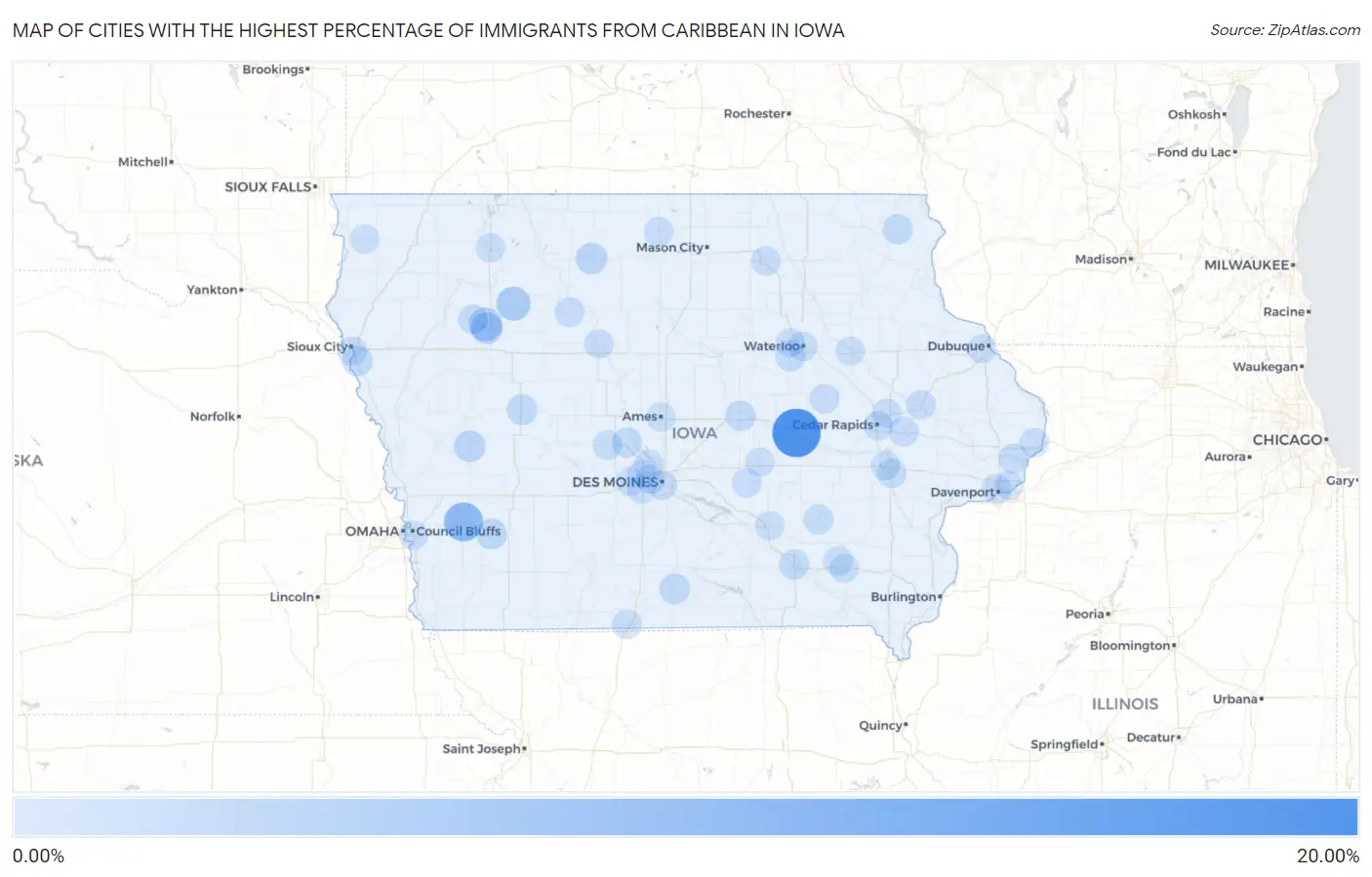 Cities with the Highest Percentage of Immigrants from Caribbean in Iowa Map