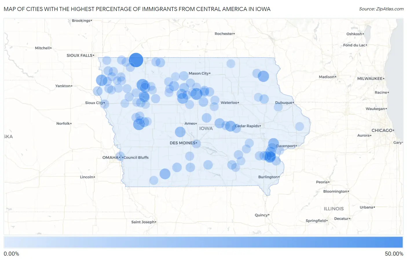 Cities with the Highest Percentage of Immigrants from Central America in Iowa Map