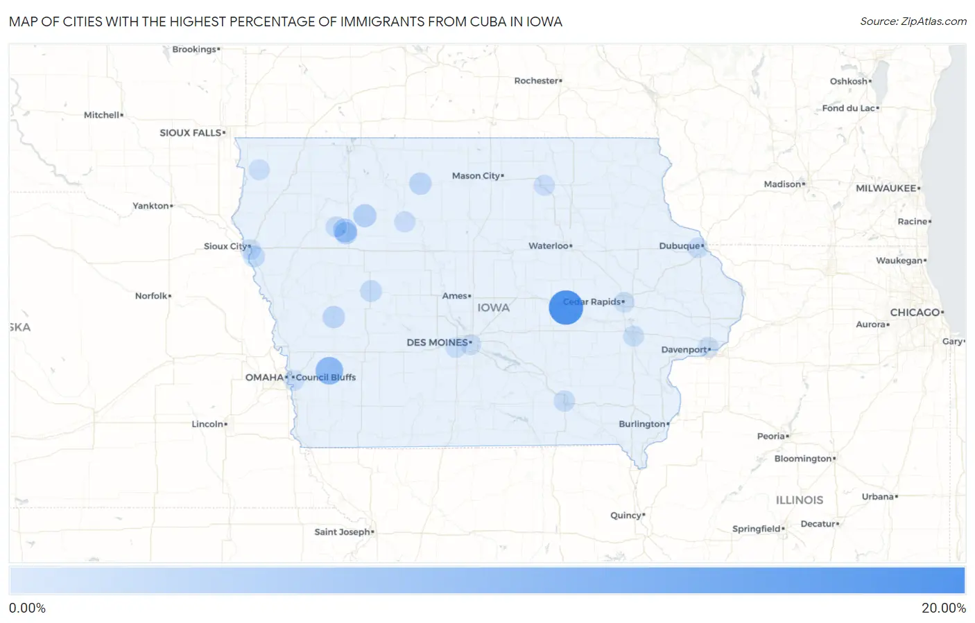 Cities with the Highest Percentage of Immigrants from Cuba in Iowa Map