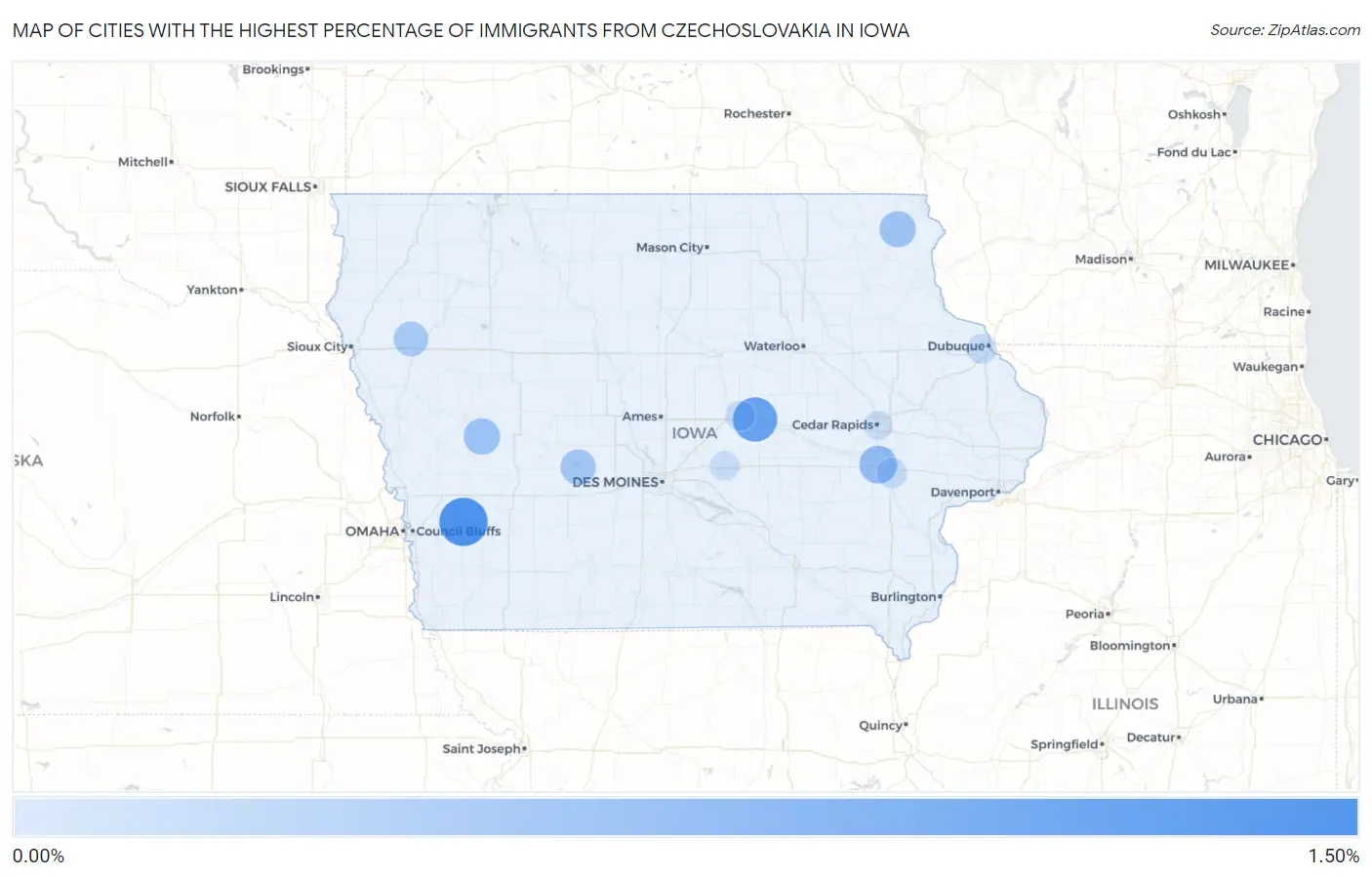 Cities with the Highest Percentage of Immigrants from Czechoslovakia in Iowa Map