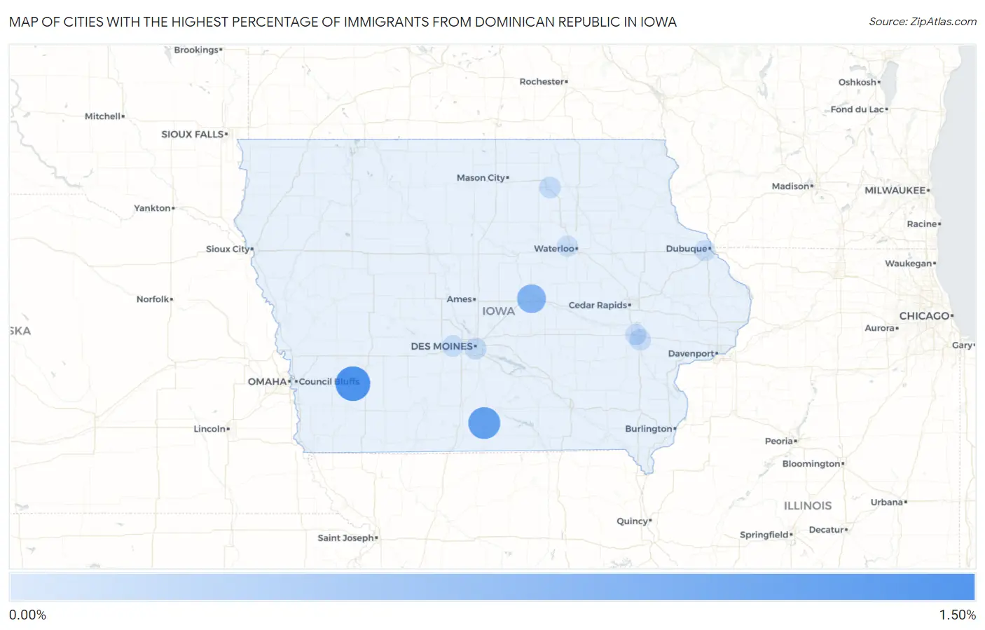 Cities with the Highest Percentage of Immigrants from Dominican Republic in Iowa Map