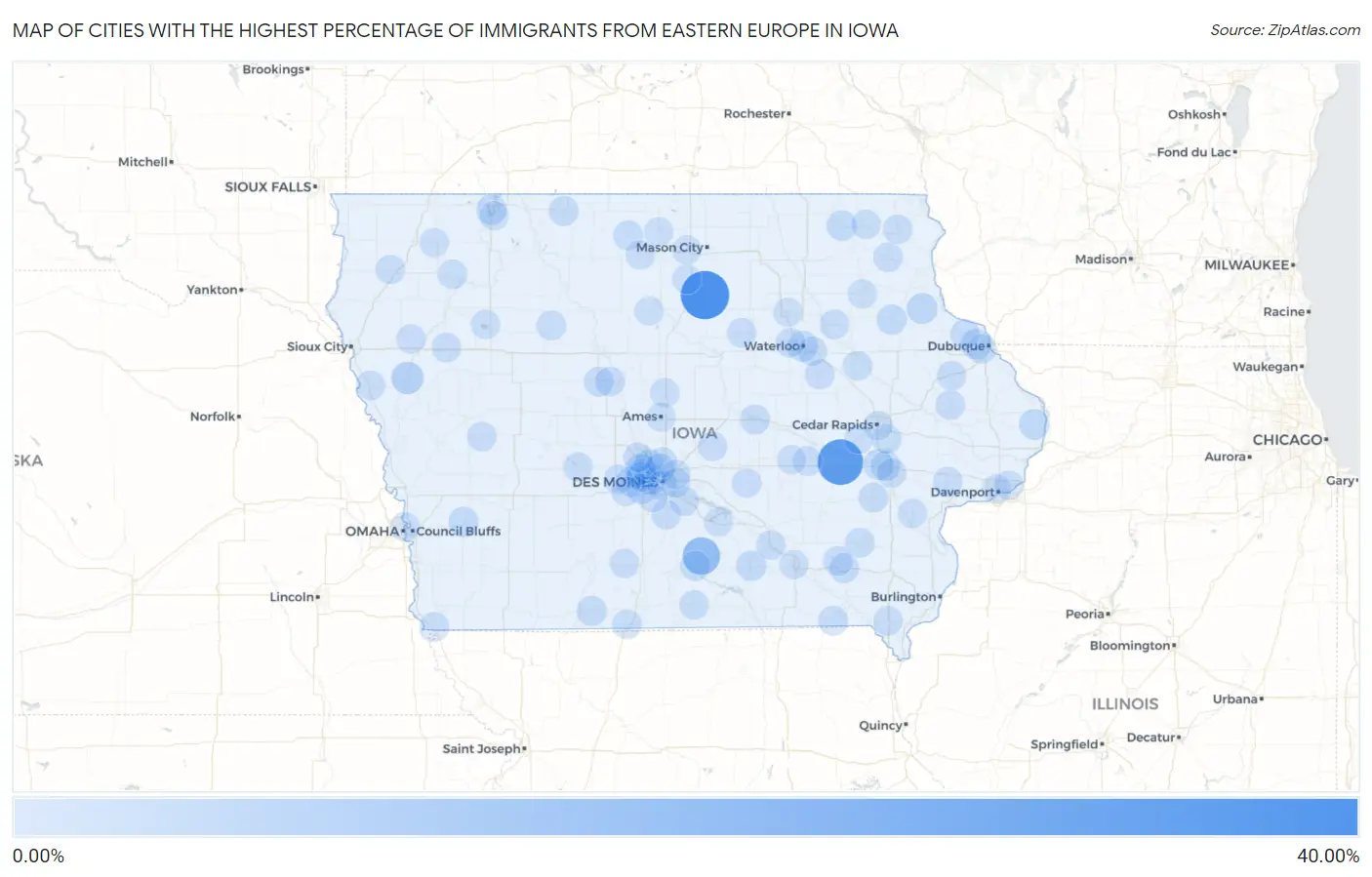 Cities with the Highest Percentage of Immigrants from Eastern Europe in Iowa Map