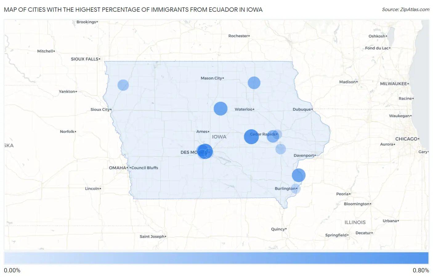 Cities with the Highest Percentage of Immigrants from Ecuador in Iowa Map