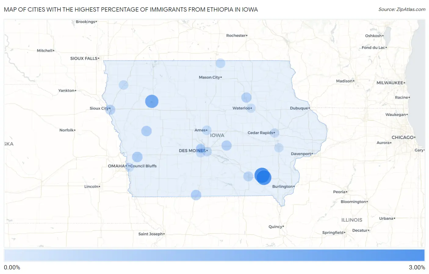 Cities with the Highest Percentage of Immigrants from Ethiopia in Iowa Map