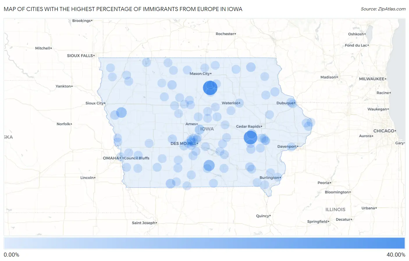 Cities with the Highest Percentage of Immigrants from Europe in Iowa Map