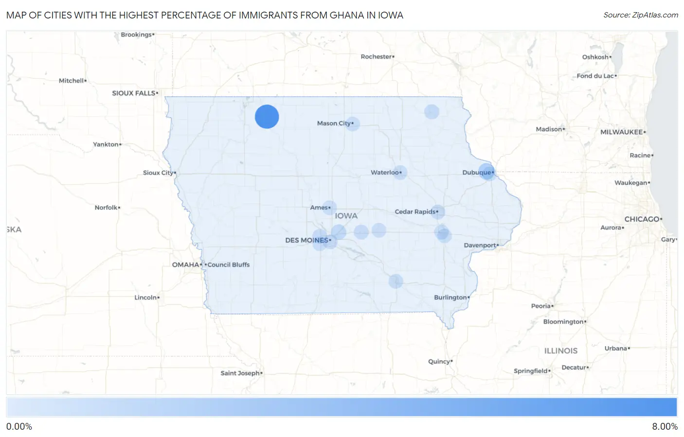 Cities with the Highest Percentage of Immigrants from Ghana in Iowa Map