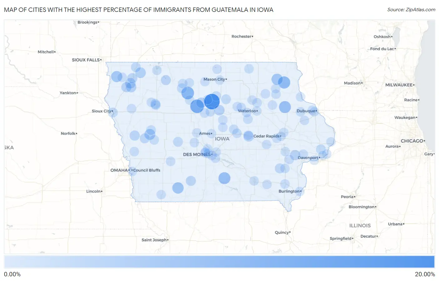 Cities with the Highest Percentage of Immigrants from Guatemala in Iowa Map