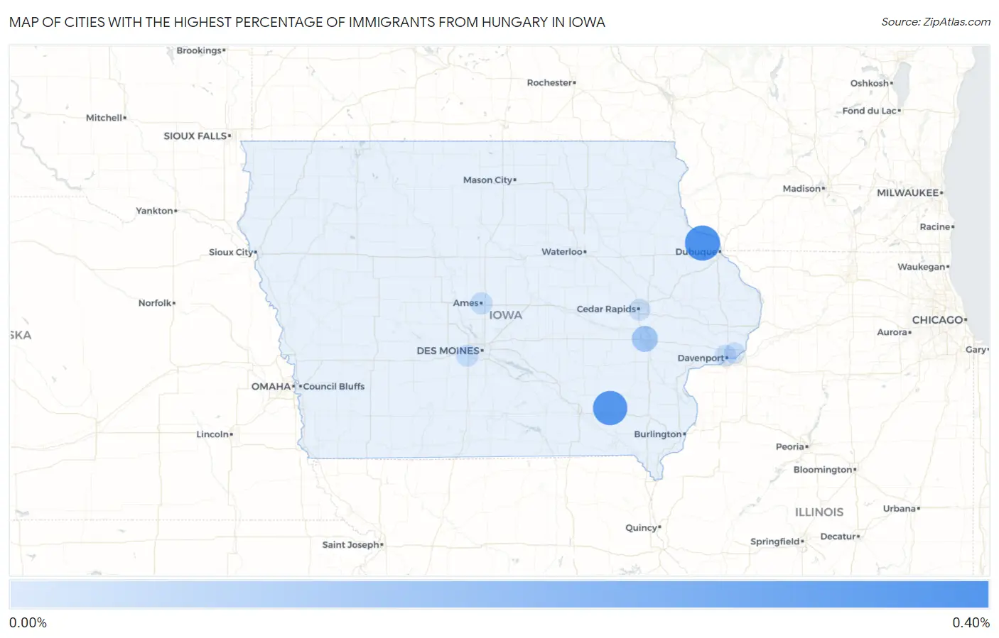 Cities with the Highest Percentage of Immigrants from Hungary in Iowa Map