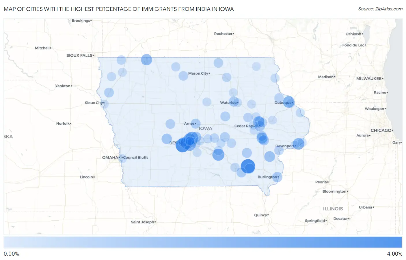Cities with the Highest Percentage of Immigrants from India in Iowa Map