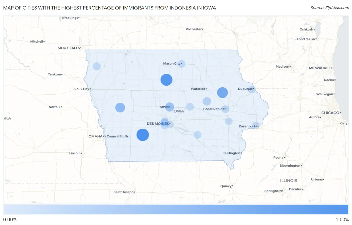 Cities with the Highest Percentage of Immigrants from Indonesia in Iowa Map