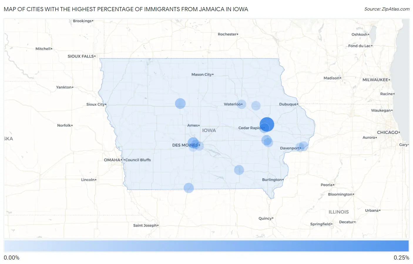 Cities with the Highest Percentage of Immigrants from Jamaica in Iowa Map