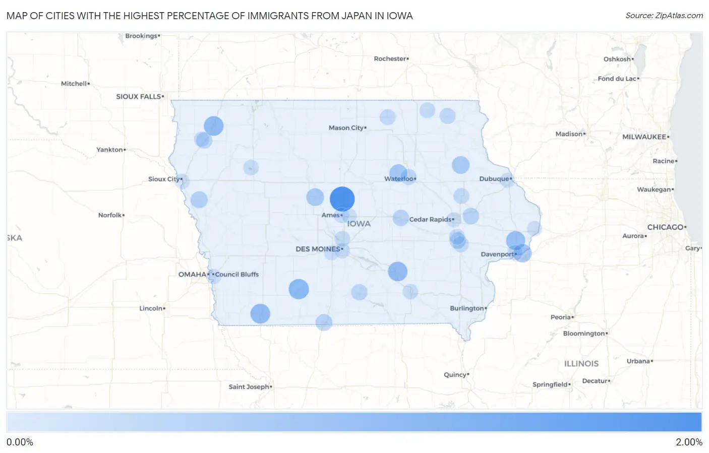 Cities with the Highest Percentage of Immigrants from Japan in Iowa Map