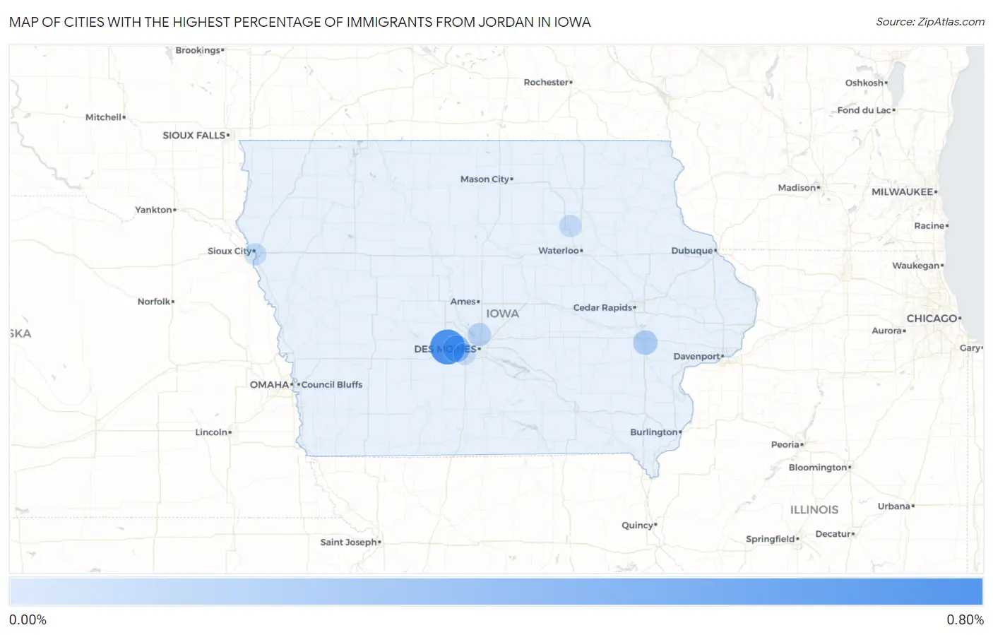 Cities with the Highest Percentage of Immigrants from Jordan in Iowa Map