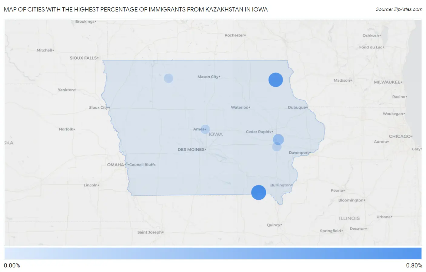 Cities with the Highest Percentage of Immigrants from Kazakhstan in Iowa Map
