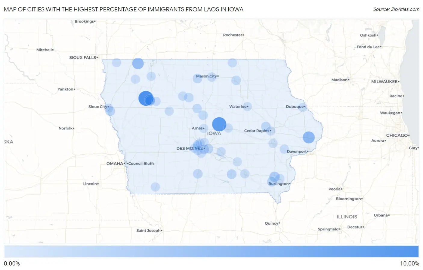Cities with the Highest Percentage of Immigrants from Laos in Iowa Map
