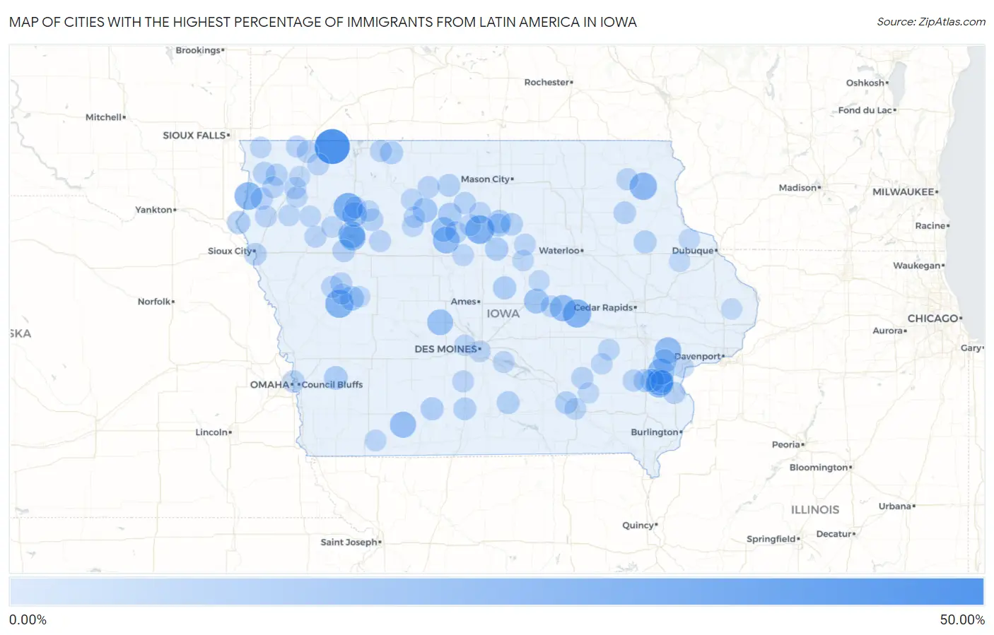 Cities with the Highest Percentage of Immigrants from Latin America in Iowa Map