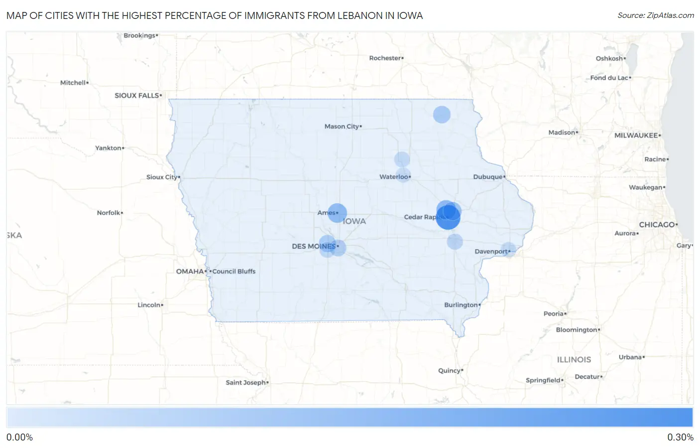 Cities with the Highest Percentage of Immigrants from Lebanon in Iowa Map