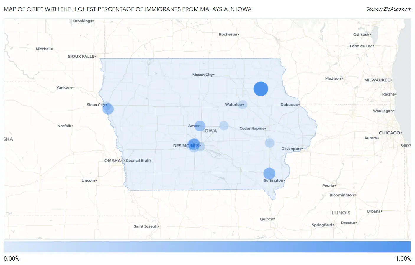 Cities with the Highest Percentage of Immigrants from Malaysia in Iowa Map