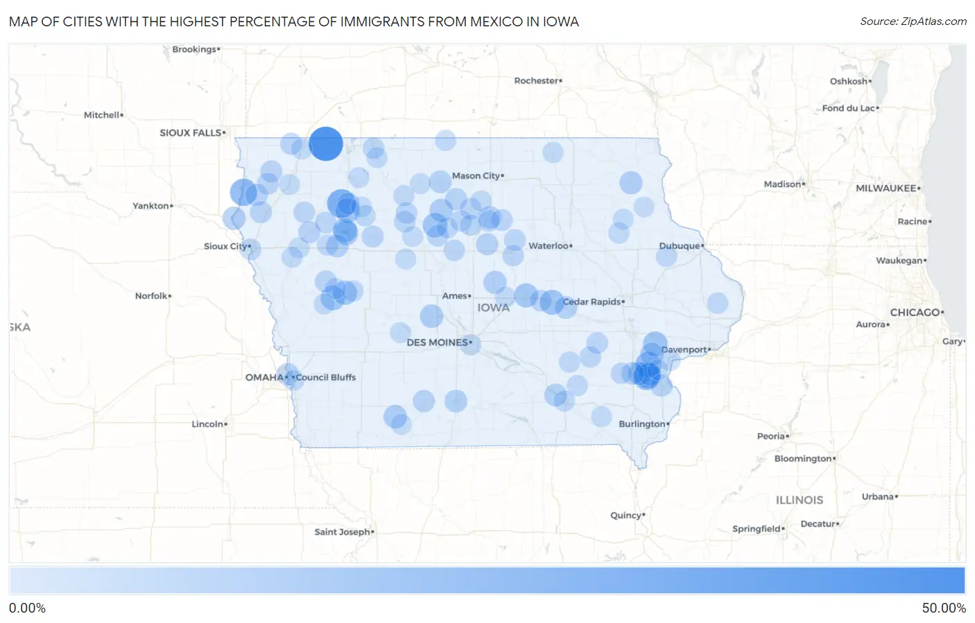 Cities with the Highest Percentage of Immigrants from Mexico in Iowa Map