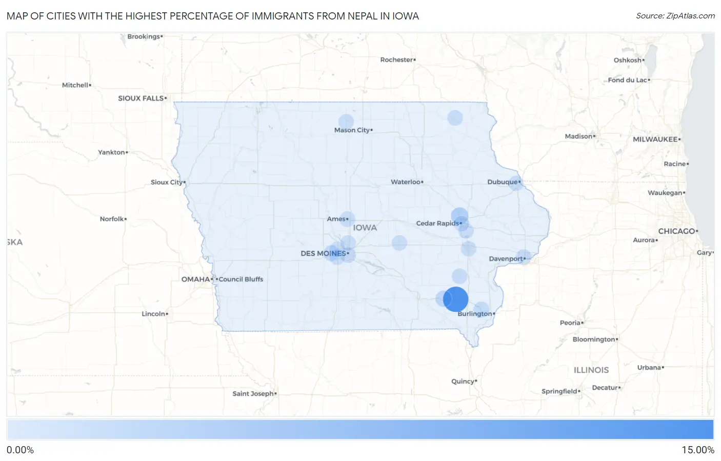 Cities with the Highest Percentage of Immigrants from Nepal in Iowa Map