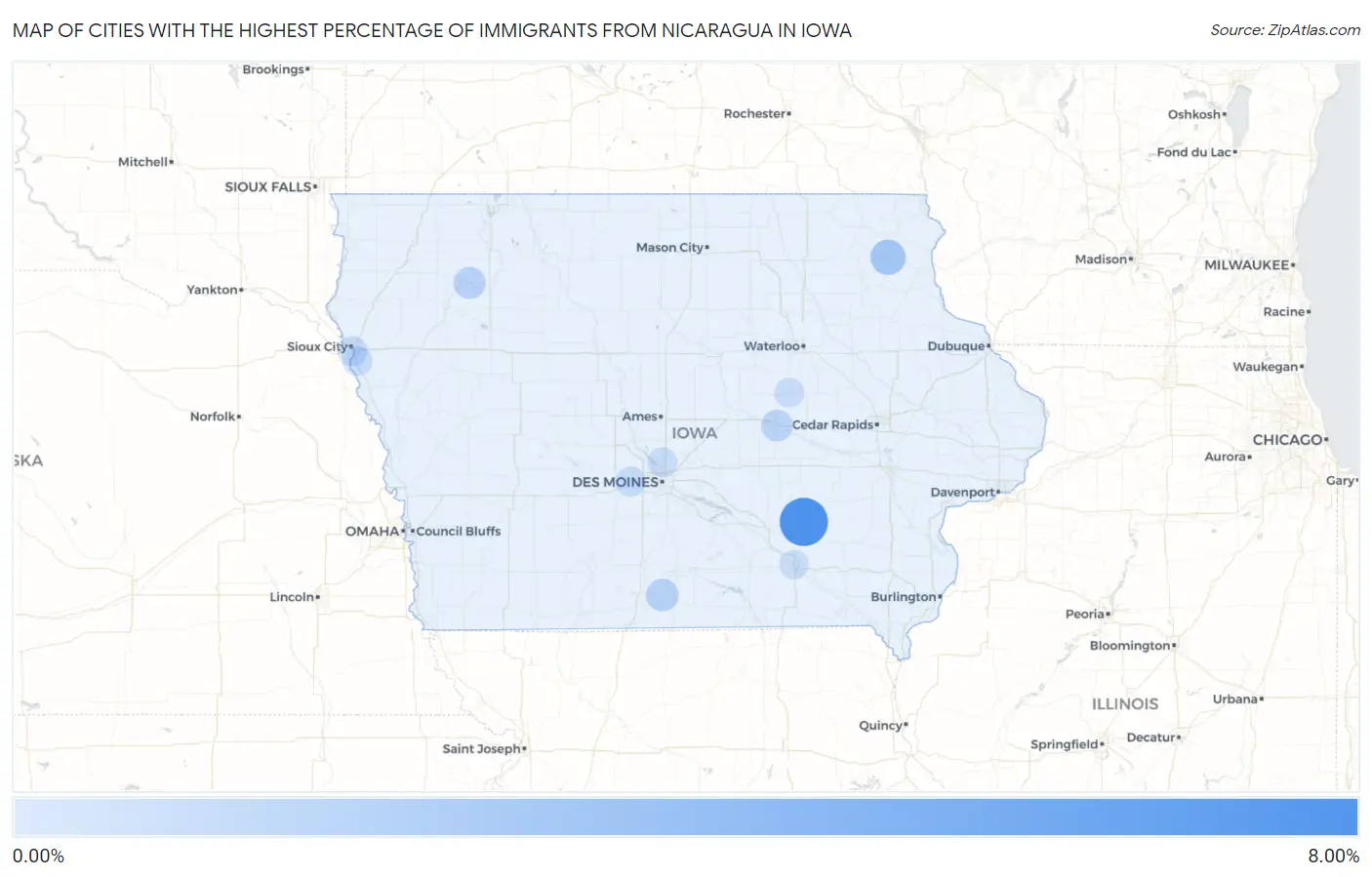Cities with the Highest Percentage of Immigrants from Nicaragua in Iowa Map