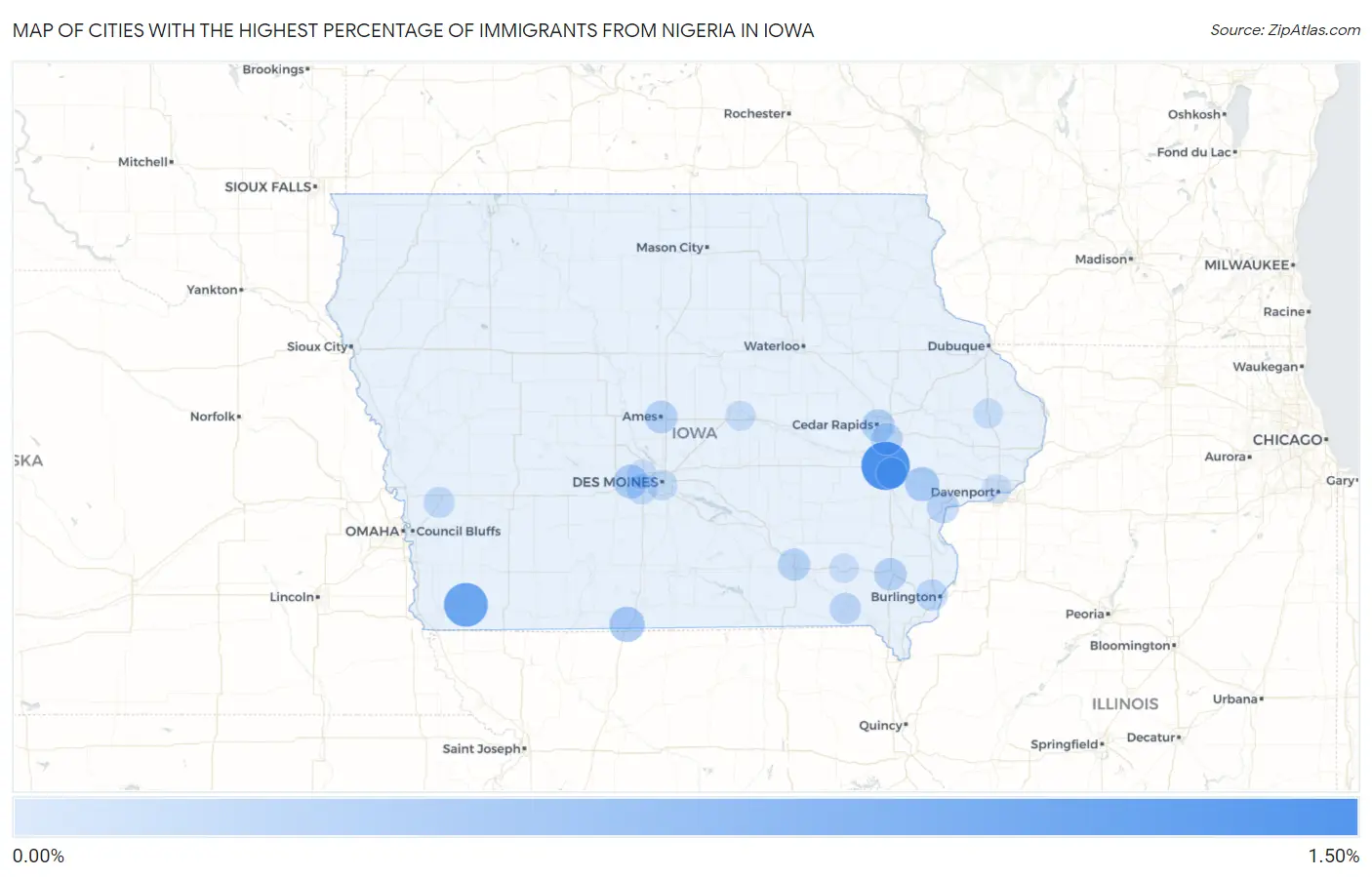 Cities with the Highest Percentage of Immigrants from Nigeria in Iowa Map