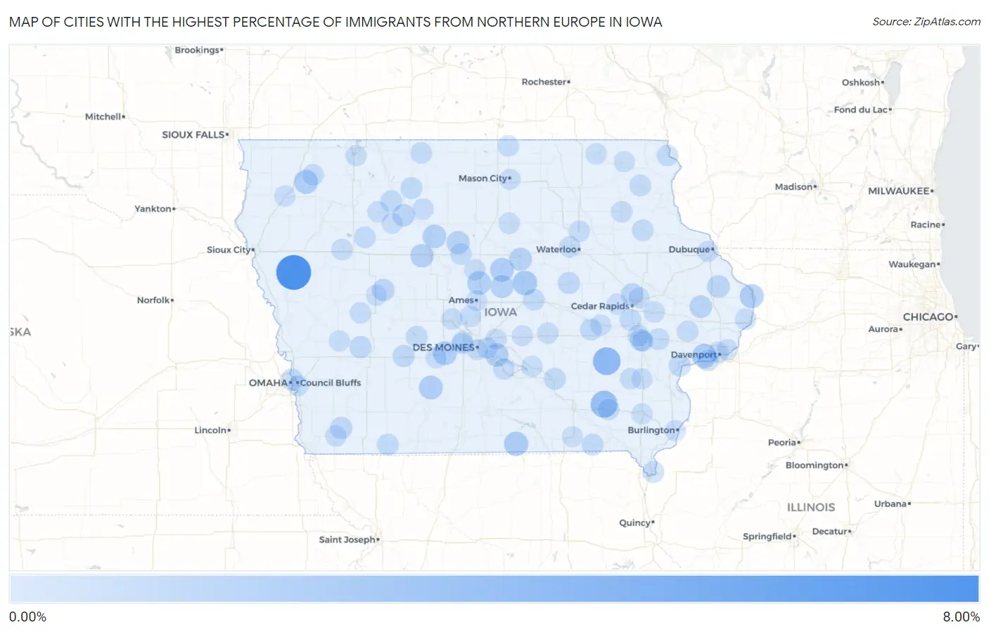 Cities with the Highest Percentage of Immigrants from Northern Europe in Iowa Map