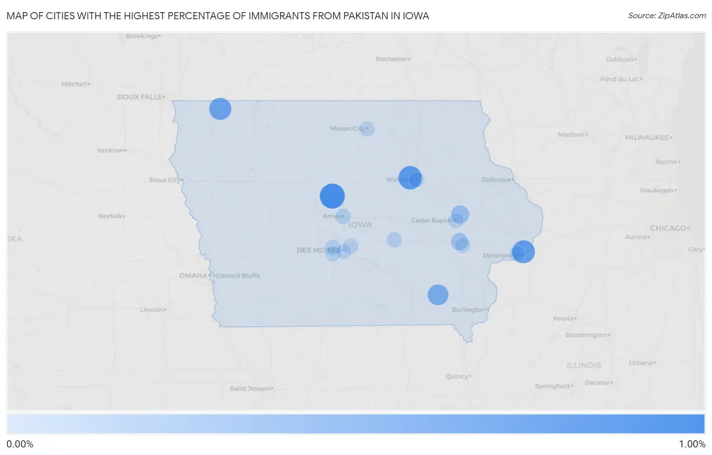 Cities with the Highest Percentage of Immigrants from Pakistan in Iowa Map