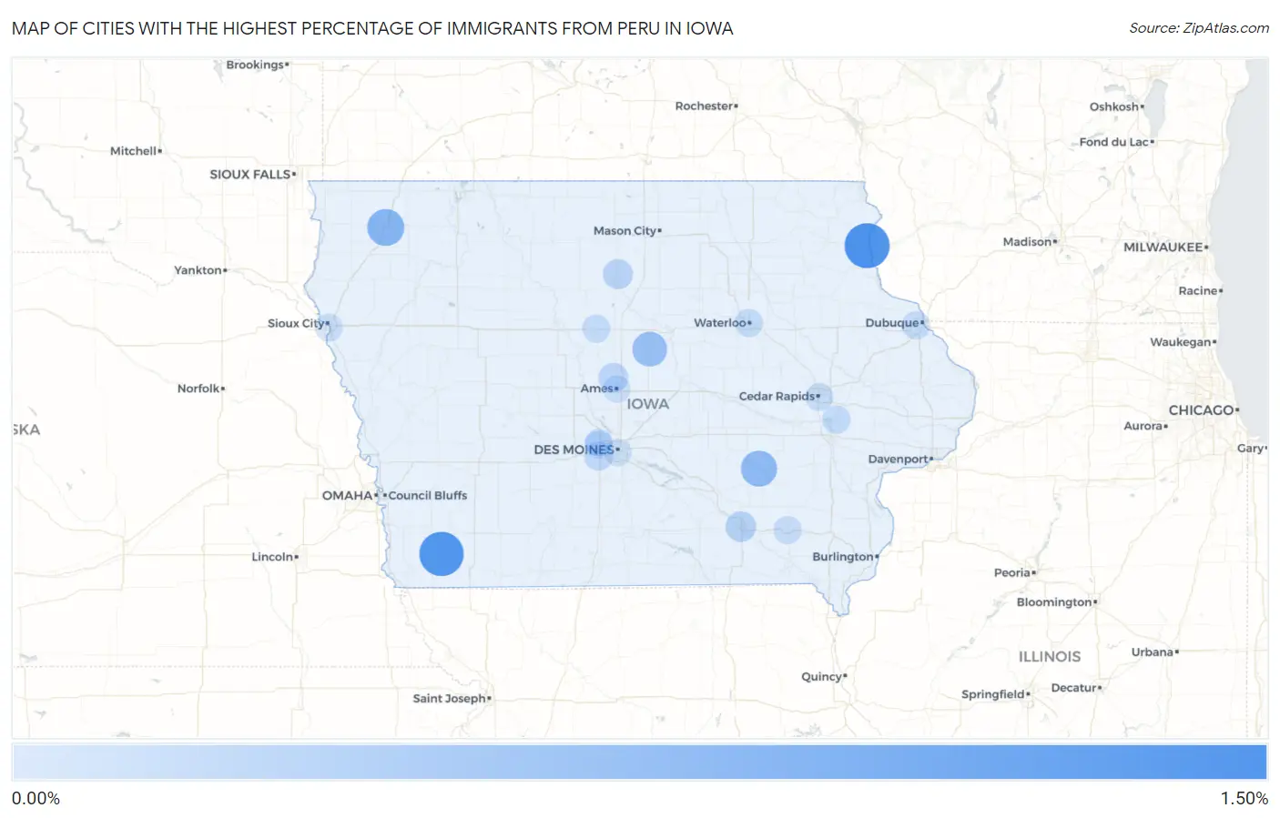 Cities with the Highest Percentage of Immigrants from Peru in Iowa Map