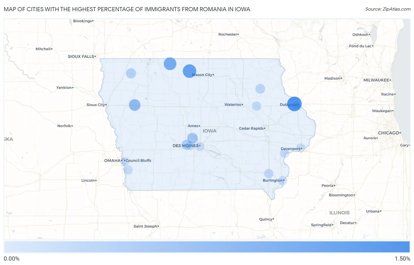 Cities with the Highest Percentage of Immigrants from Romania in Iowa Map