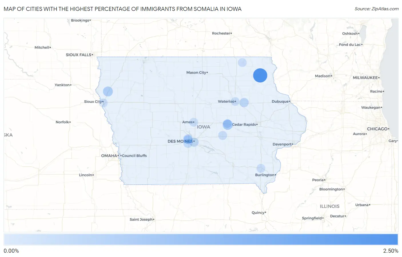 Cities with the Highest Percentage of Immigrants from Somalia in Iowa Map