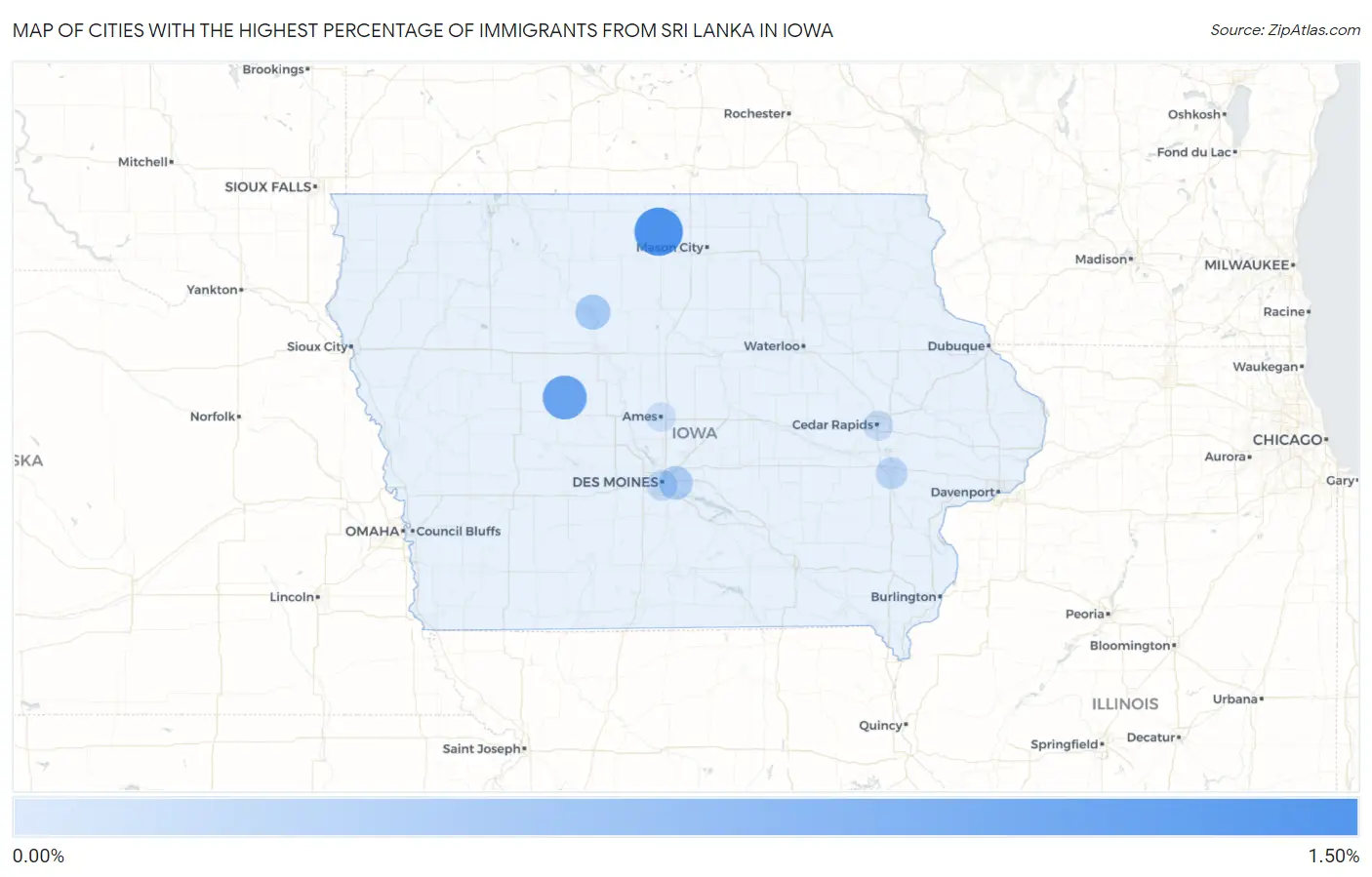 Cities with the Highest Percentage of Immigrants from Sri Lanka in Iowa Map