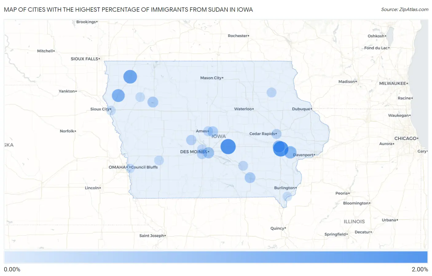 Cities with the Highest Percentage of Immigrants from Sudan in Iowa Map