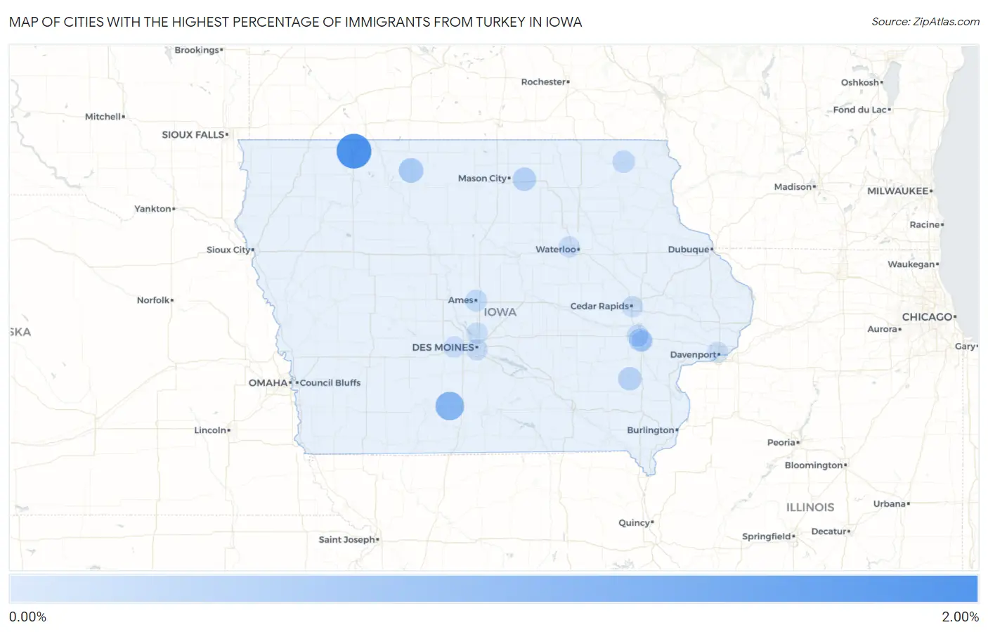 Cities with the Highest Percentage of Immigrants from Turkey in Iowa Map