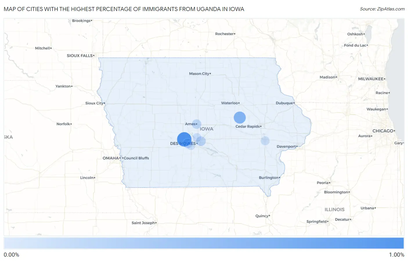 Cities with the Highest Percentage of Immigrants from Uganda in Iowa Map