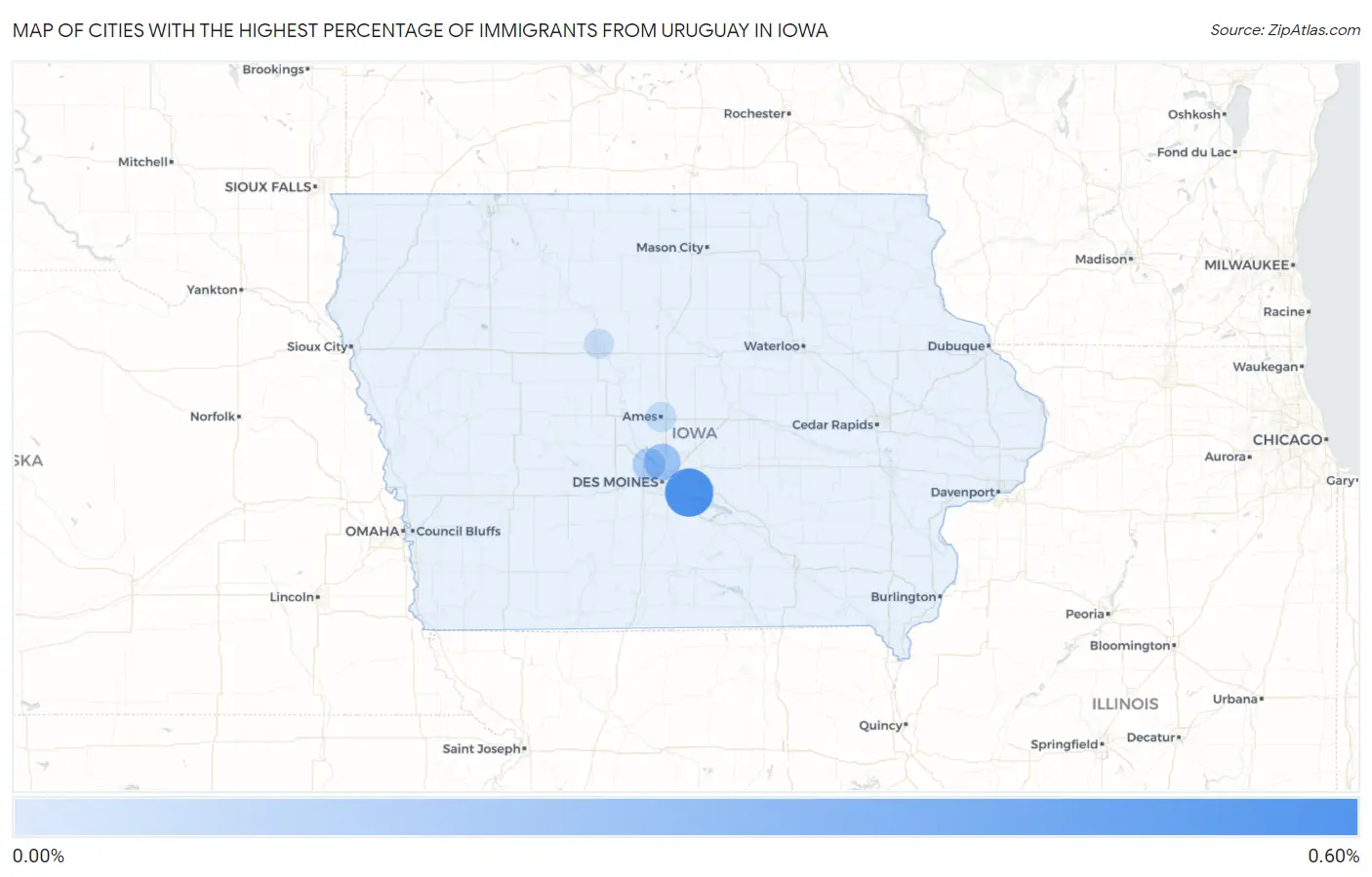 Cities with the Highest Percentage of Immigrants from Uruguay in Iowa Map