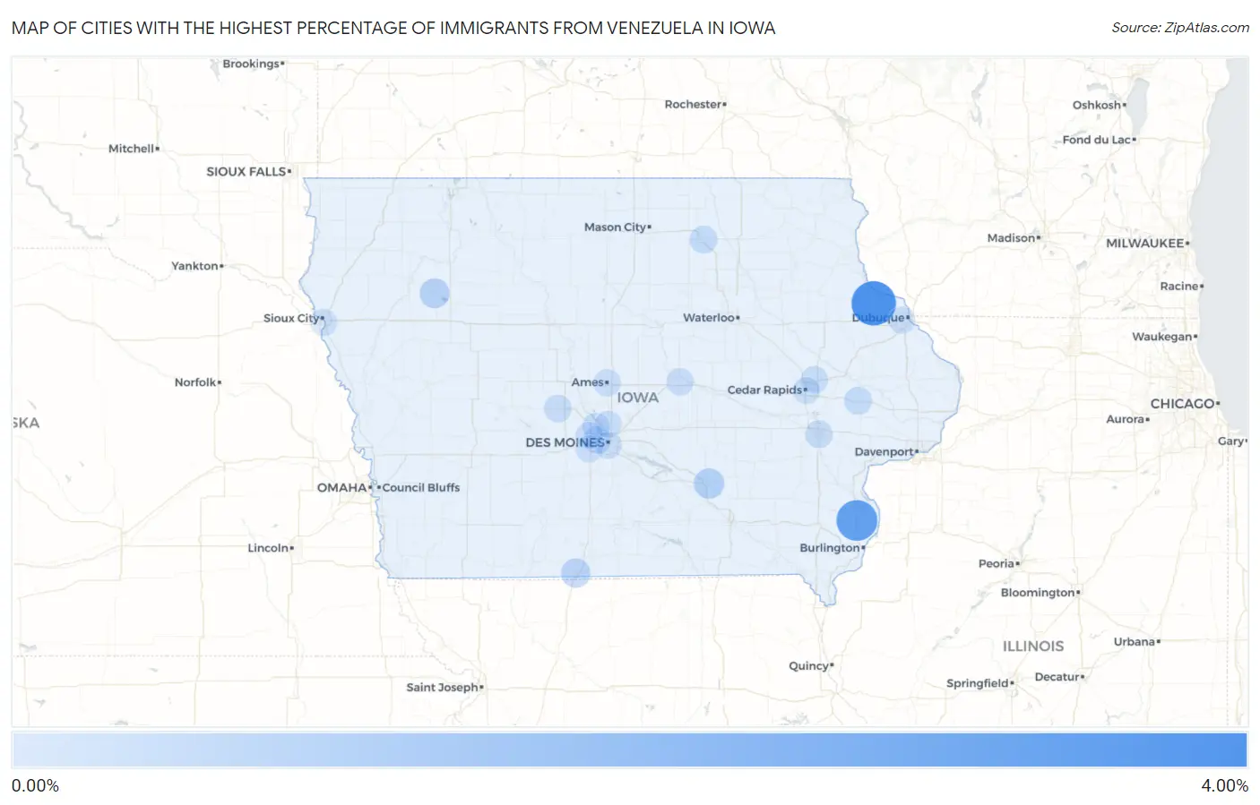 Cities with the Highest Percentage of Immigrants from Venezuela in Iowa Map