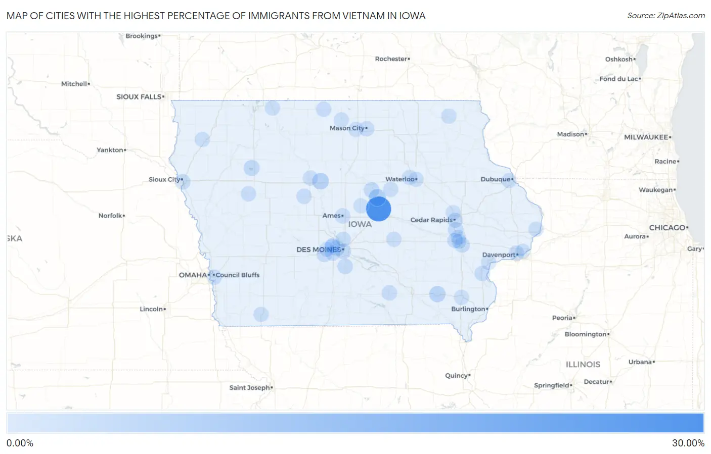 Cities with the Highest Percentage of Immigrants from Vietnam in Iowa Map