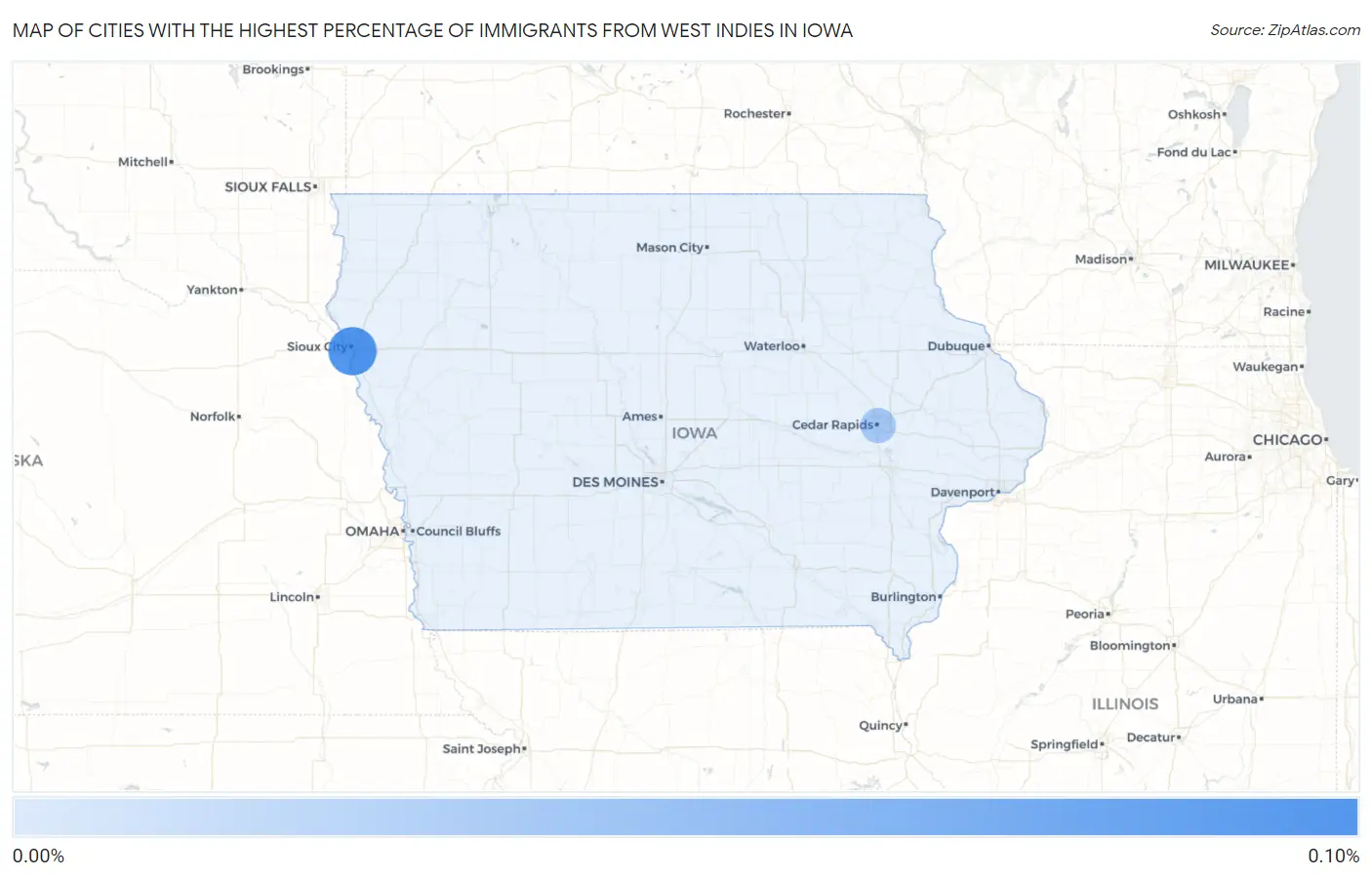 Cities with the Highest Percentage of Immigrants from West Indies in Iowa Map