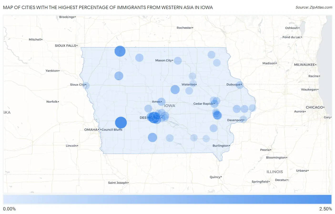 Cities with the Highest Percentage of Immigrants from Western Asia in Iowa Map