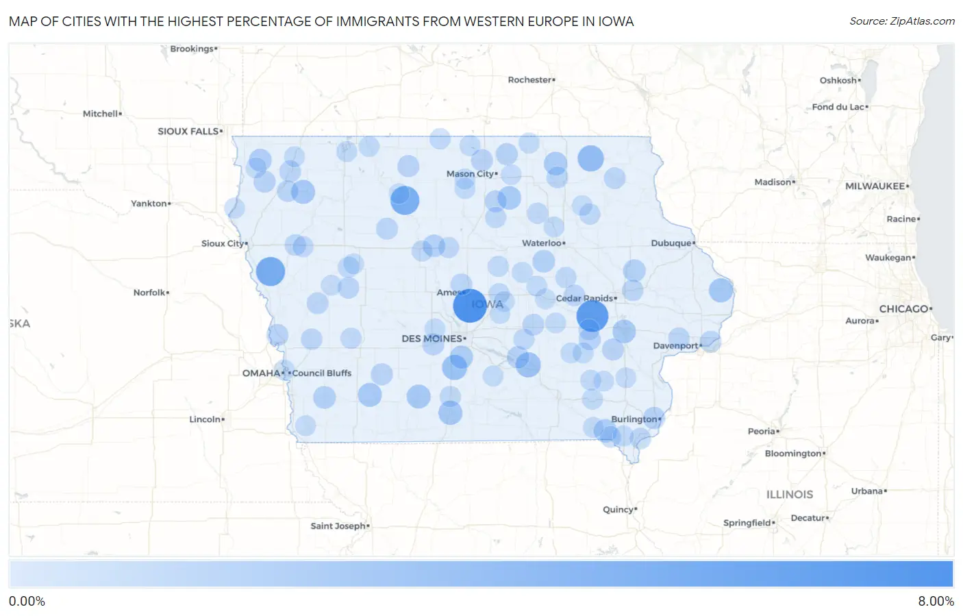 Cities with the Highest Percentage of Immigrants from Western Europe in Iowa Map