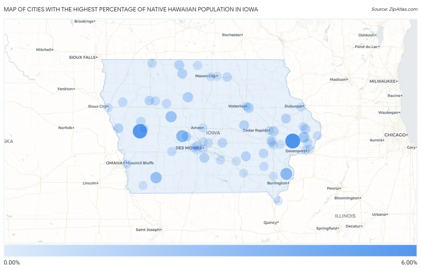 Cities with the Highest Percentage of Native Hawaiian Population in Iowa Map