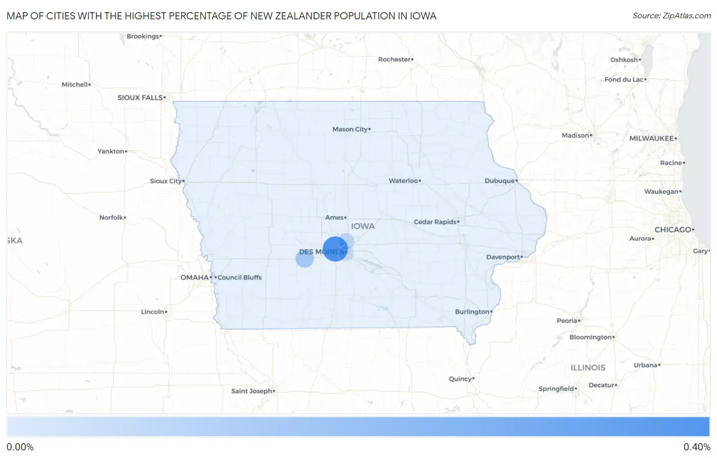 Cities with the Highest Percentage of New Zealander Population in Iowa Map