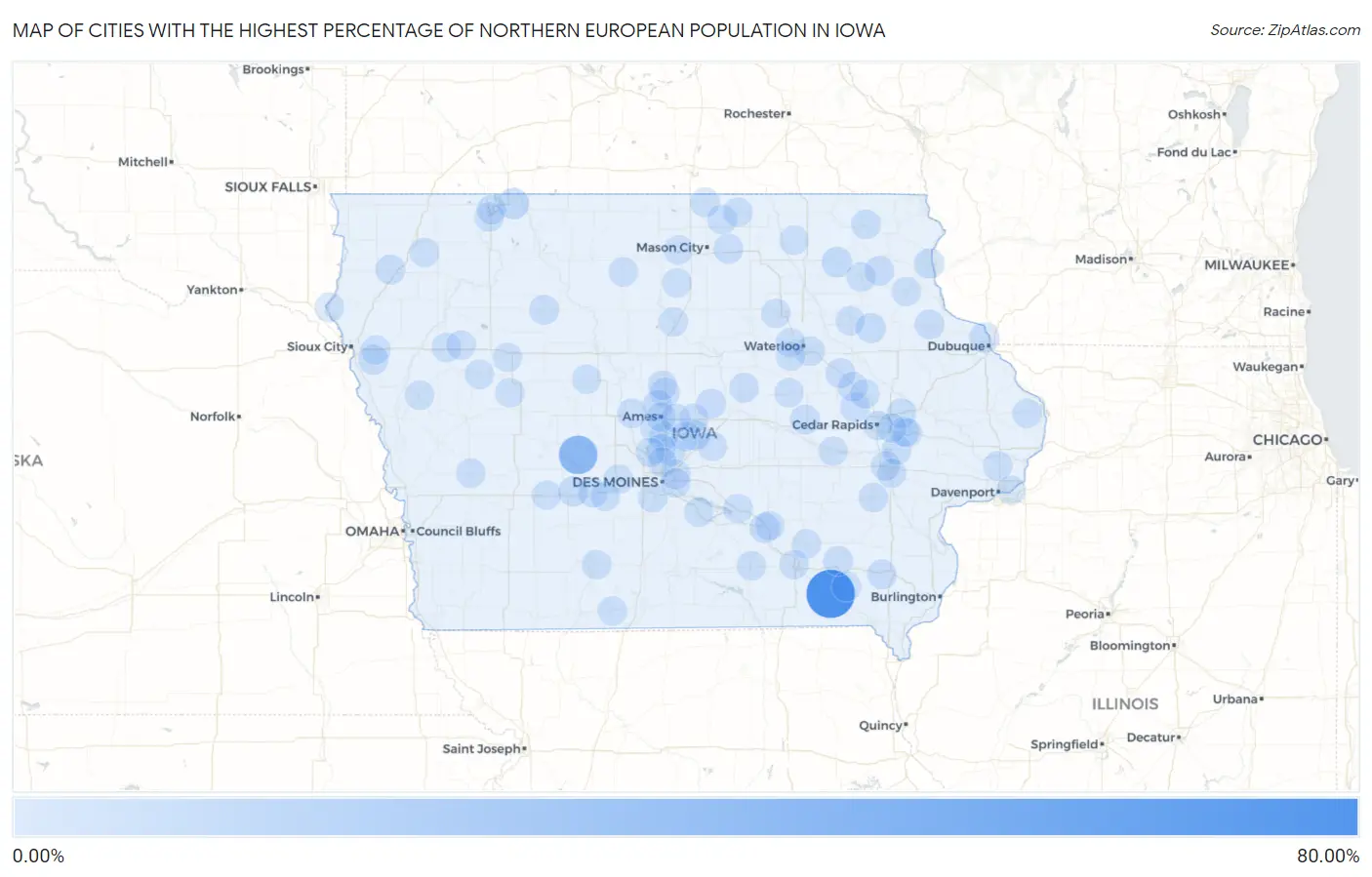 Cities with the Highest Percentage of Northern European Population in Iowa Map