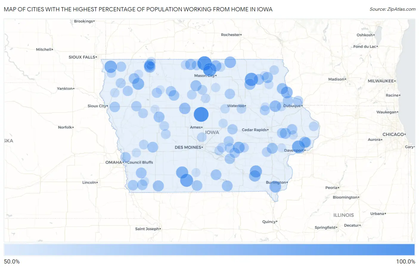 Cities with the Highest Percentage of Population Working from Home in Iowa Map
