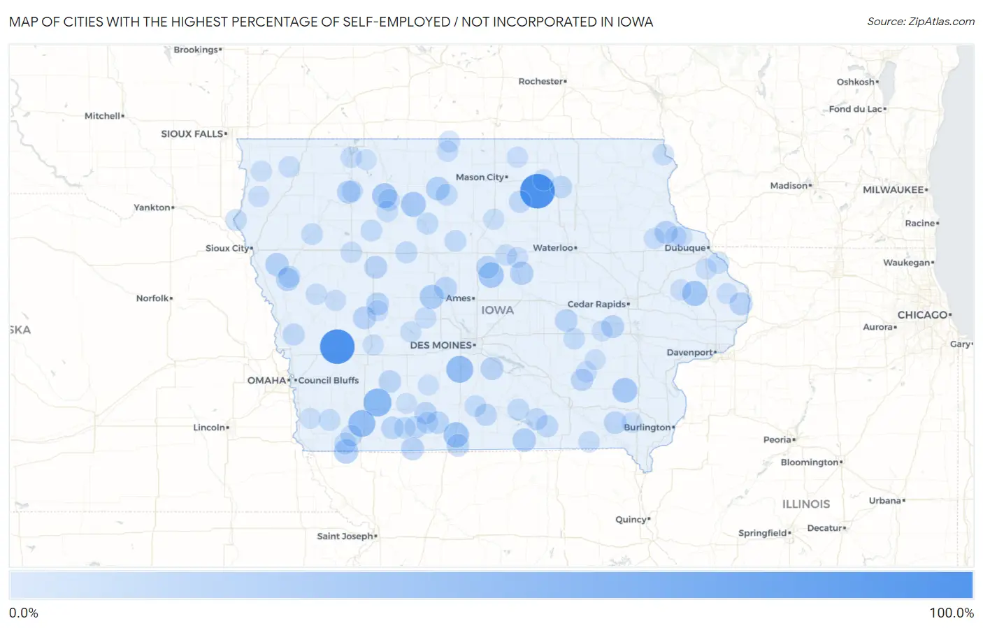 Cities with the Highest Percentage of Self-Employed / Not Incorporated in Iowa Map