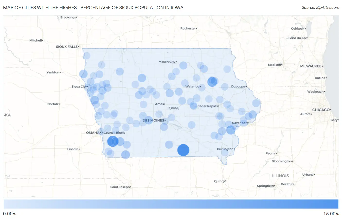 Cities with the Highest Percentage of Sioux Population in Iowa Map