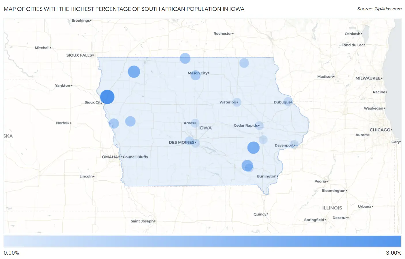 Cities with the Highest Percentage of South African Population in Iowa Map