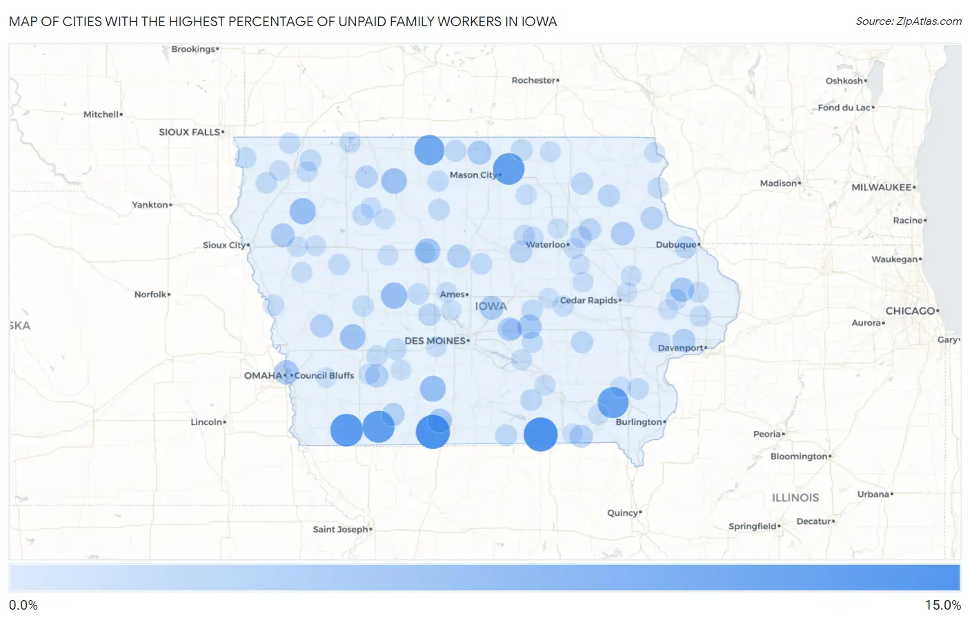 Cities with the Highest Percentage of Unpaid Family Workers in Iowa Map
