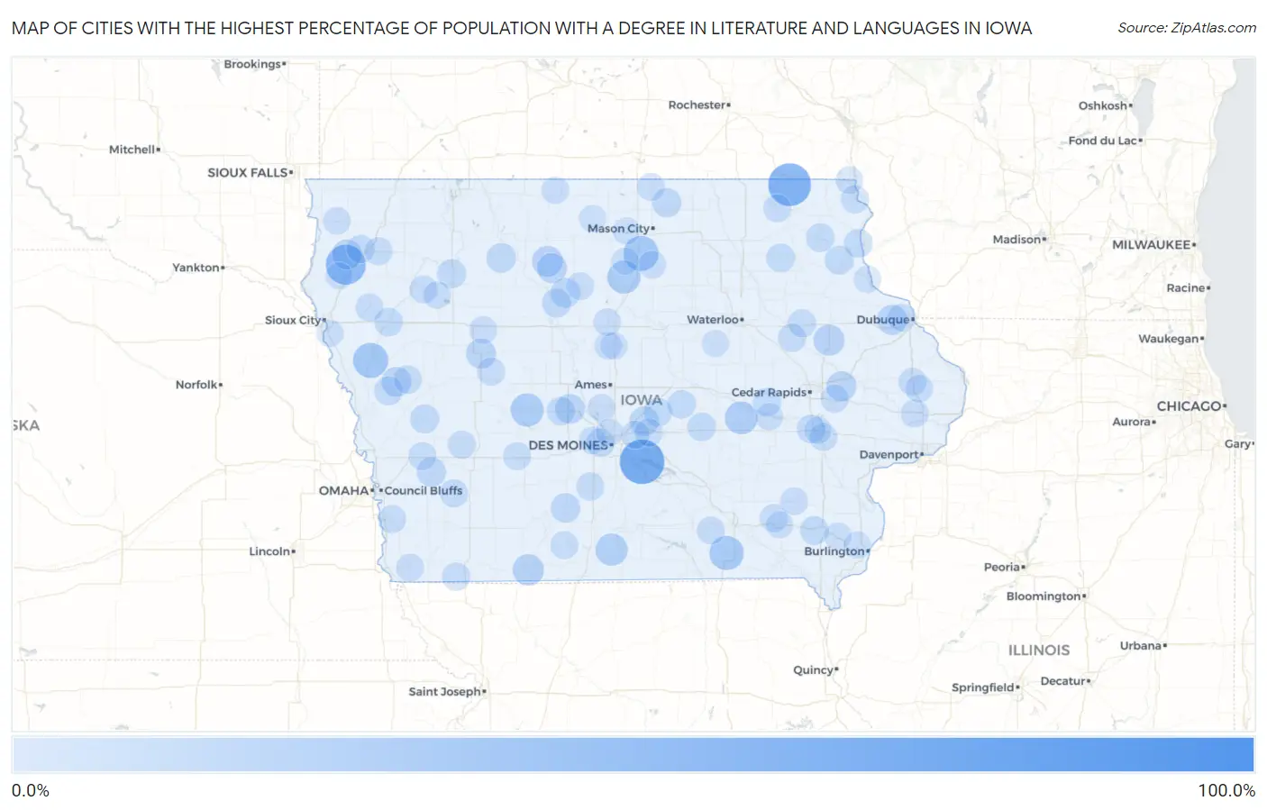 Cities with the Highest Percentage of Population with a Degree in Literature and Languages in Iowa Map